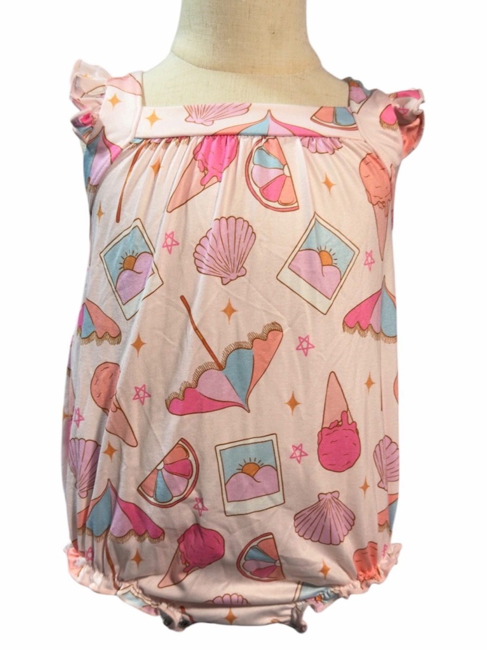 Pink Shell & Ice Cream Print Ruffled Baby One-Piece Bodysuit